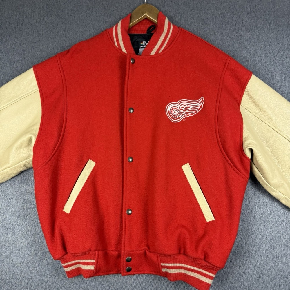 VTG 90s Mirage Detroit Red Wings Leather Sleeve Letterman Varsity Jacket Sz L